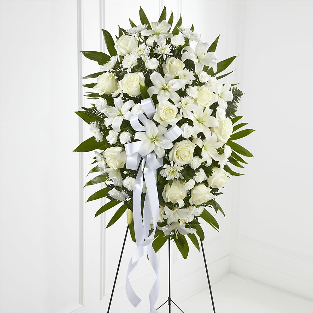 Exquisite Tribute Standing Spray-White Ribbon – Colonial Flower Shop, Madison IN