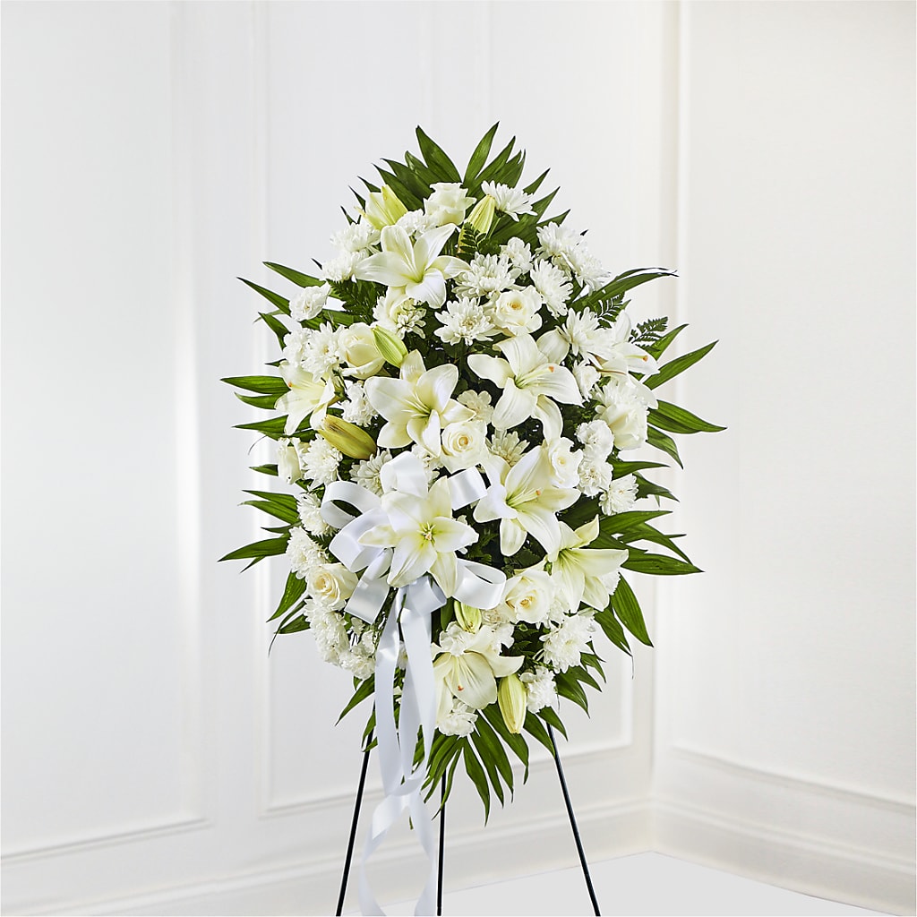 Exquisite Tribute Standing Spray-White Ribbon – Colonial Flower Shop, Madison IN